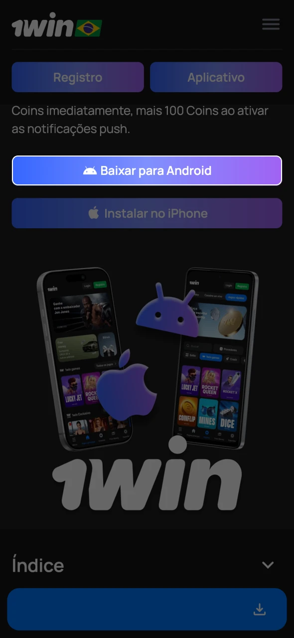 Clique no botão Download for Android na página do 1Win.