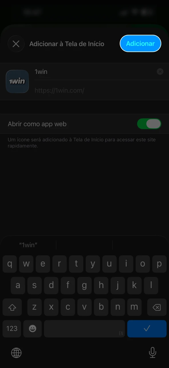 Confirme o nome 1Win e finalize o processo.