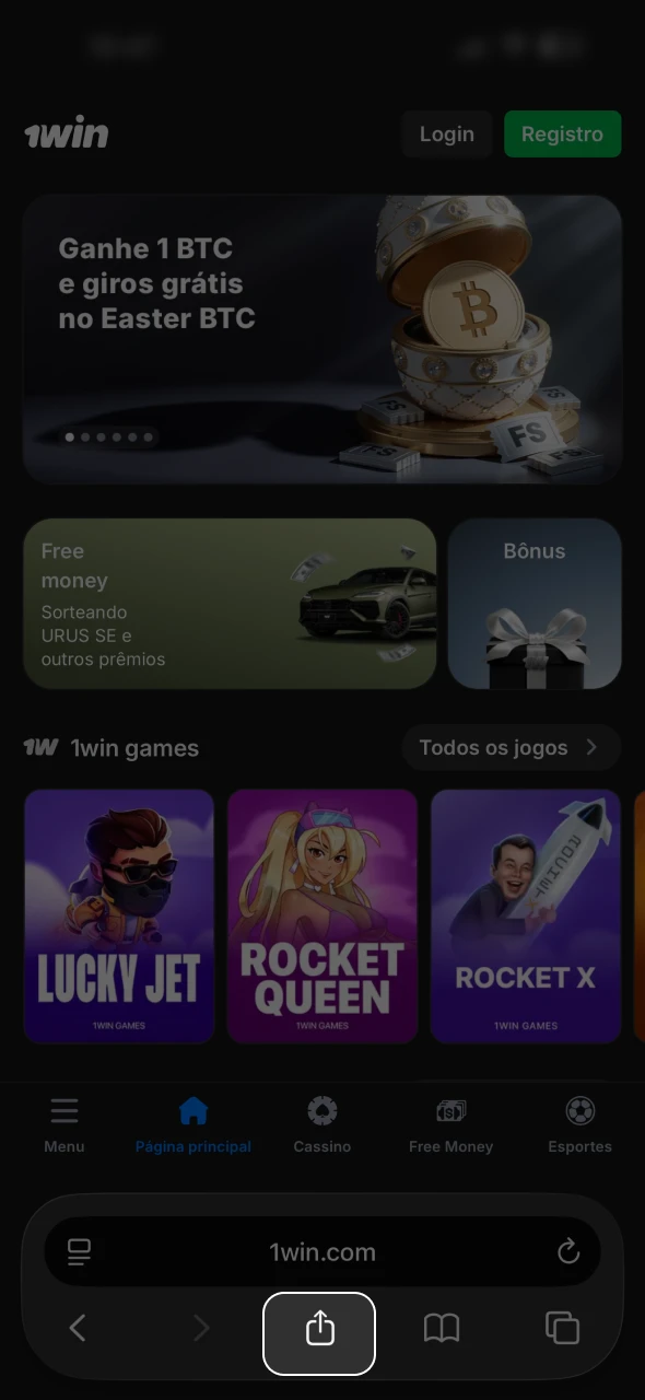 Toque no ícone Compartilhar na parte inferior da página do 1Win.