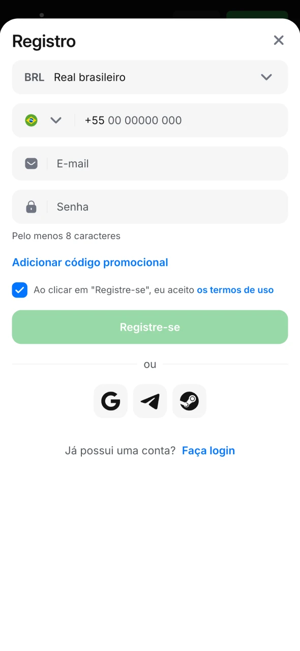 O processo de cadastro no aplicativo é tão simples quanto no site da 1Win.