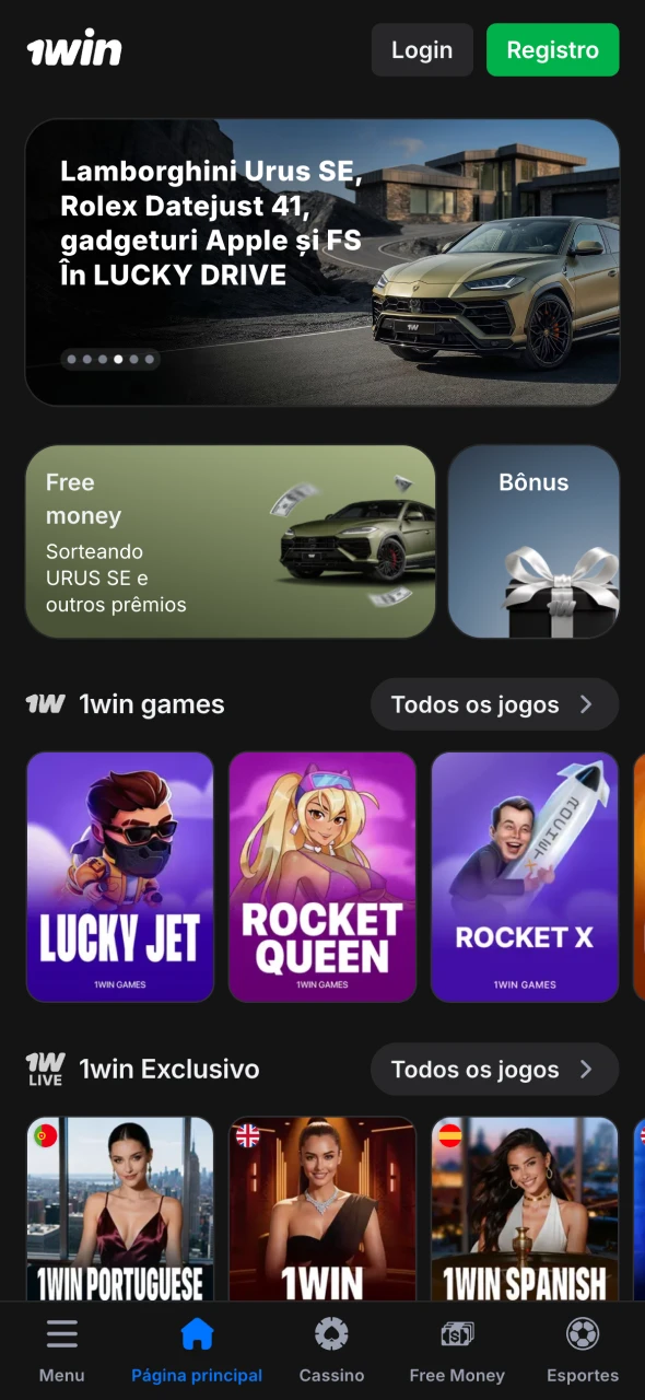 Abra a página principal do aplicativo 1Win e comece sua experiência.