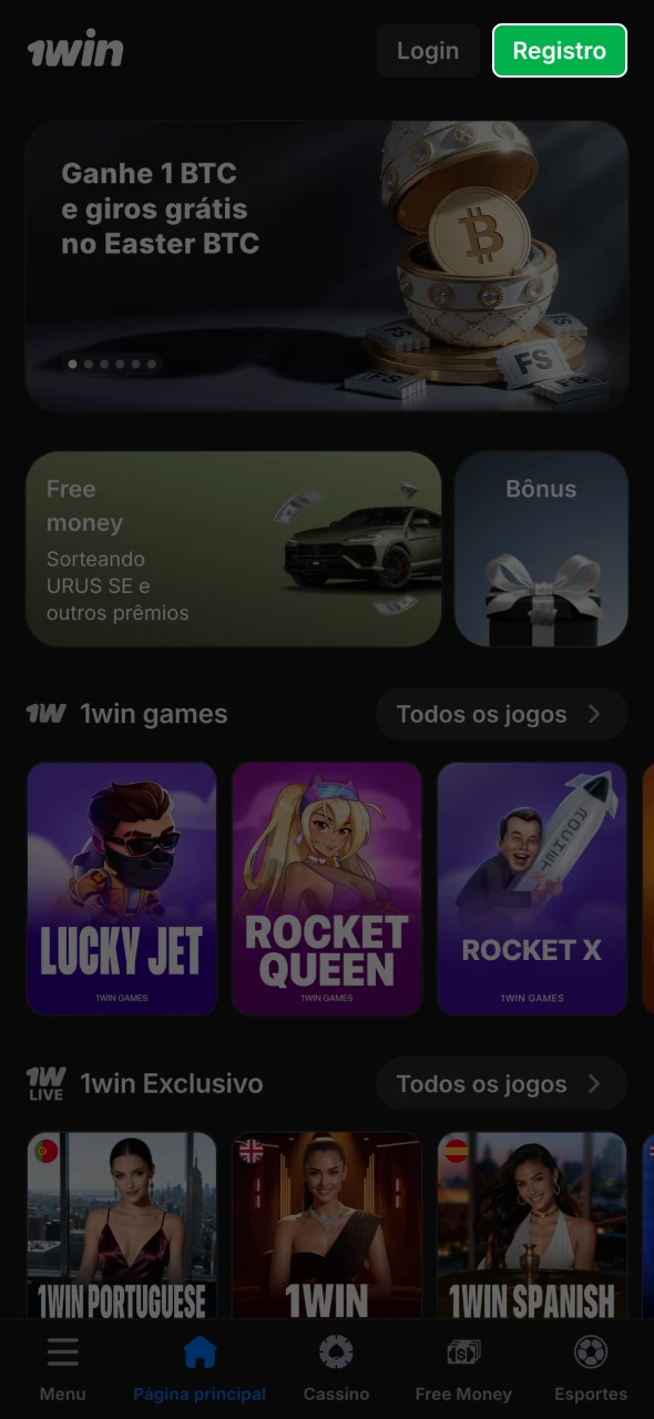 Clique no botão de registro na página principal do 1Win.