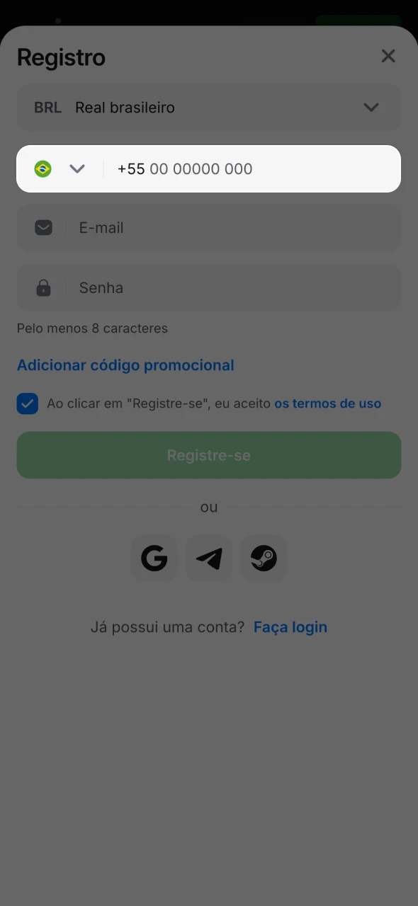Escolha o registro no 1Win dentre os quatro métodos disponíveis.