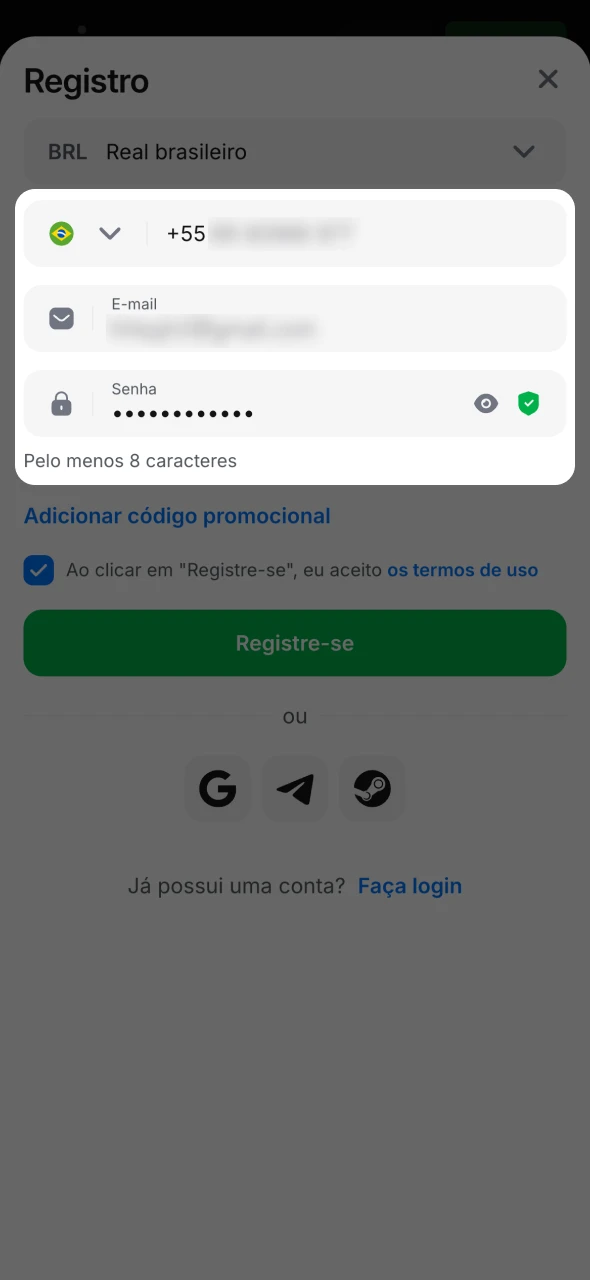Insira suas informações pessoais no formulário de cadastro do 1Win.