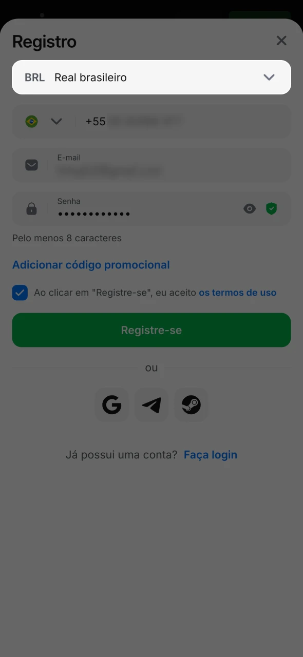 Escolha BRL como sua moeda durante o processo de cadastro no 1Win.